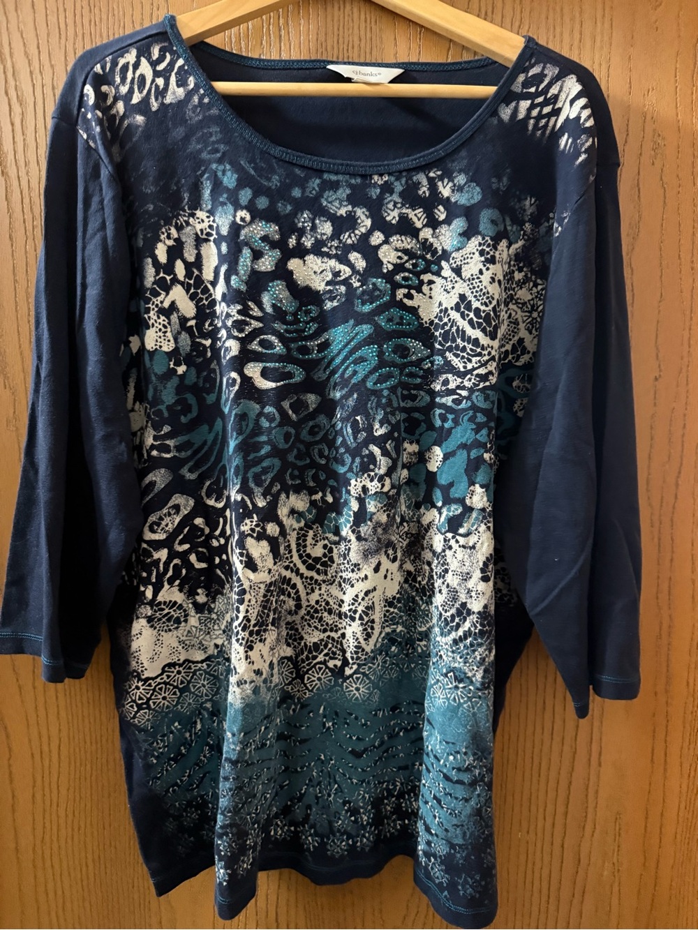 CJ Banks Sequined Navy Teal Printed Scoop Neck Top Tunic